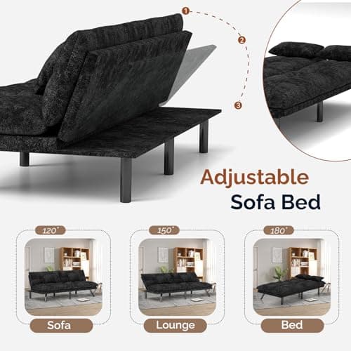 70 Inch Solid Wood Futon Sofa Bed in Black Chenille Fabric