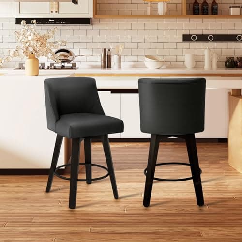 Black Swivel Bar Stool with Back, Set of 1, 26In Height, Faux Leather & Wood Stand