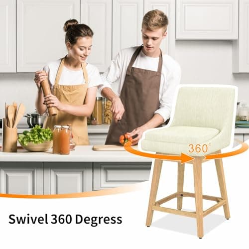 Swivel Barstool with Back, Memory Foam Upholstered Farmhouse Bar Stool - Linen Ivory