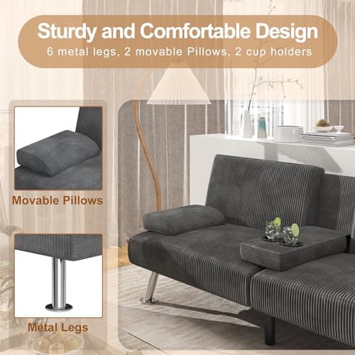 Shahoo Modern Upholstered Convertible Futon Sofa Bed, Grey