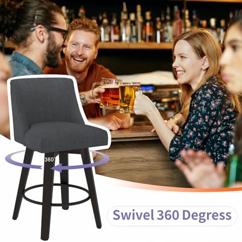 MUUEGM Set of 2 360° Swivel Bar Stools, 26 Height, Dark Grey Fabric Upholstered
