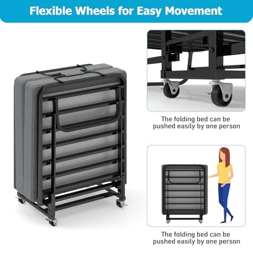 SADENICEL Portable Foldable Bed with Memory Foam Mattress on Wheels