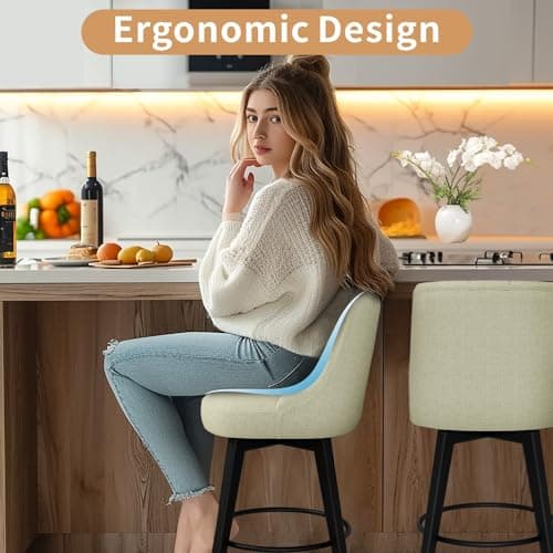 Modern Swivel Bar Stools Set of 2, Counter Height with Back, Solid Wood Legs, Ivory White