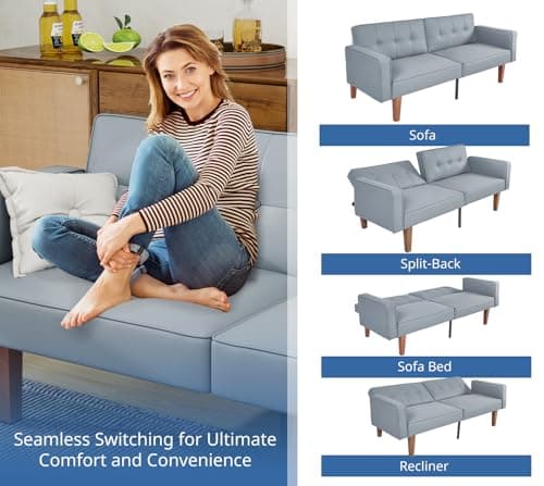 Wonder Comfort Leather Grey Split Back Futon Sofa Bedadjustable Backrest