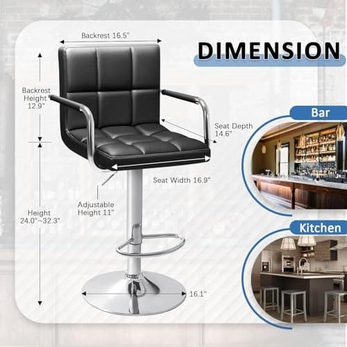 Homall Black Modern PU Leather Kitchen Bar Stools with Back Set of 2