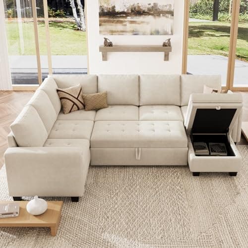 Belffin Beige Modular Sectional Sleeper Sofa with Storage Ottomans
