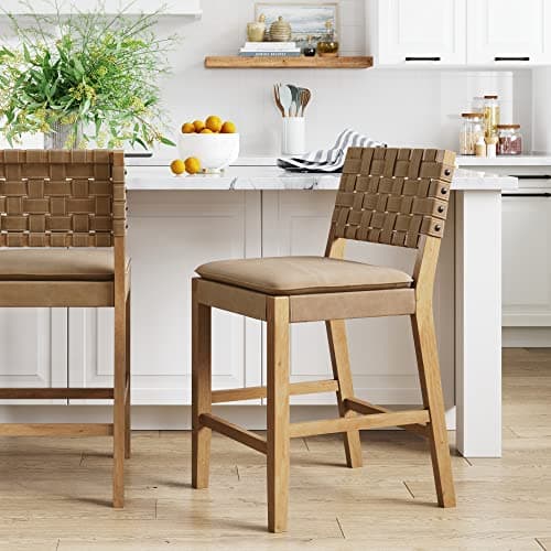 Nathan James Mid-Century Modern Leather Bar Stool, Natural Brown