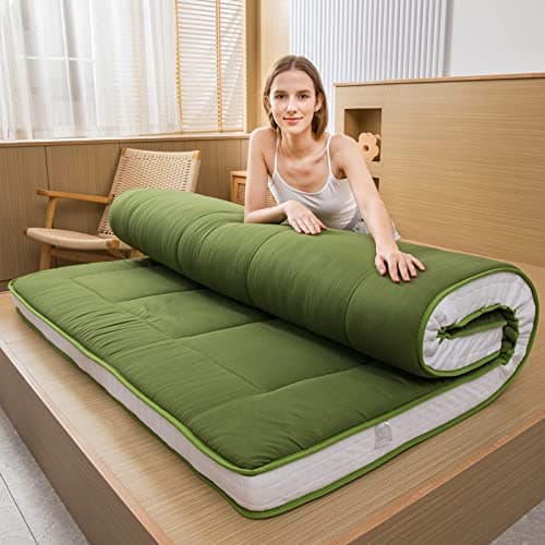 MAXYOYO Japanese Quilted Futon Mattress, Extra Thick & Breathable Guest Bed for Camping & Couch Lounger, Green, Twin