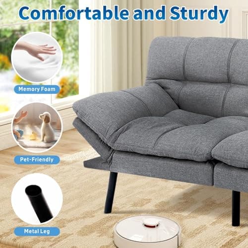 MUUEGM Linen Memory Foam Convertible Sofa Bed, 71", Light Grey, Living Room Sleeper Couch