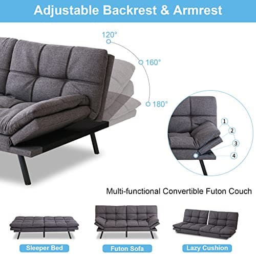 Memory Foam Futon Sofa Bed Grey Fabric Convertible Couch, Modern Loveseat Sofa, Adjustable Lounge Couch, Full Size Futon for Apartment Office Living Room