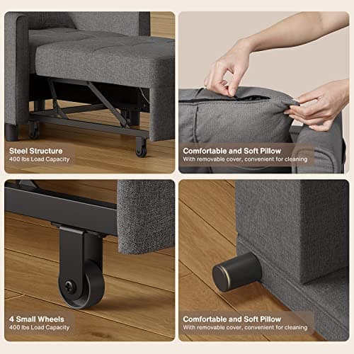 3-in-1 Convertible Futon Sofa Bed with Adjustable Backrest, Dark Grey Linen Fabric
