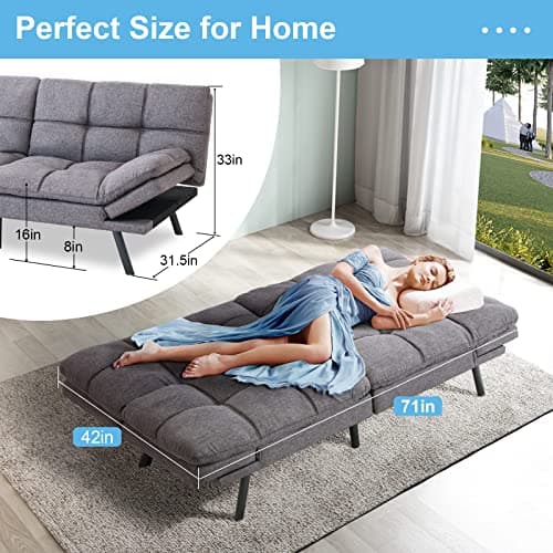 Memory Foam Futon Sofa Bed Grey Fabric Convertible Couch, Modern Loveseat Sofa, Adjustable Lounge Couch, Full Size Futon for Apartment Office Living Room