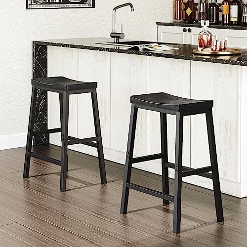 HOOBRO Black Saddle Bar Stools, Set of 2, 23.6 Inch Industrial Kitchen Chairs
