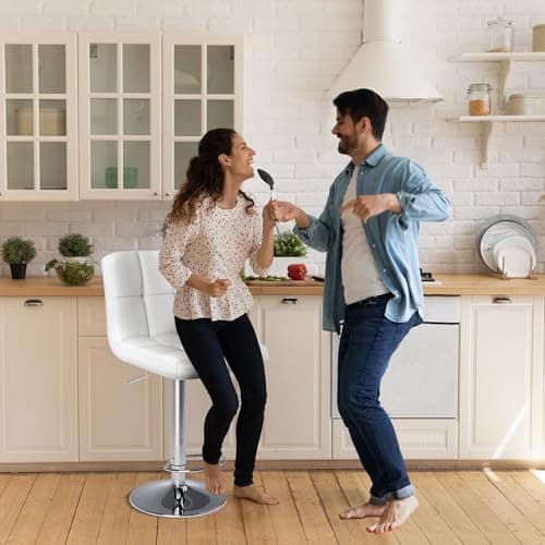 DUMOS Adjustable Swivel Bar Stools, PU Leather, White