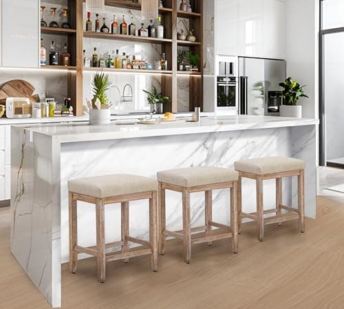 Modern Khaki Faux Leather Bar Stool Set, Counter Height 3 Pack Wood Legs