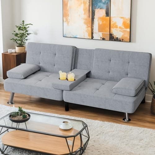 Shahoo Dark Grey Linen Convertible Futon Sofa Bed with Removable Arms