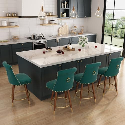 4-Piece 360° Swivel Bar Stool Set, Velvet Upholstered with Back and Footrest, Beige Fabric, Counter Height 24" Seat