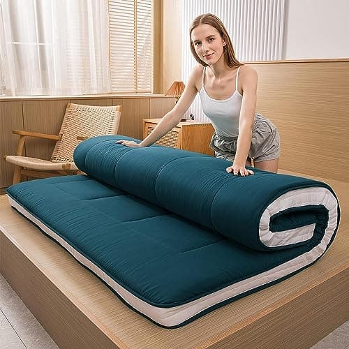 MAXYOYO Japanese Quilted Futon Mattress, Extra Thick & Breathable Guest Bed for Camping & Couch Lounger, Green, Twin