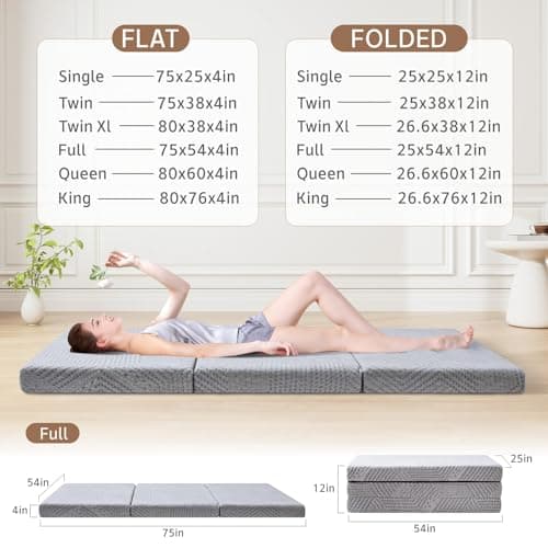 MUUEGM 4-Inch Tri-Fold Memory Foam Mattress for Yoga, Camping, RV, and Guest Use - Washable Cover, CertiPUR-US Certified, Grey