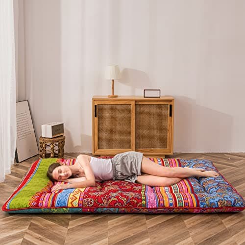MAXYOYO Vintage Floral Japanese Futon Mattress, Queen Size, Portable Lounger Couch Bed Mattress Pad