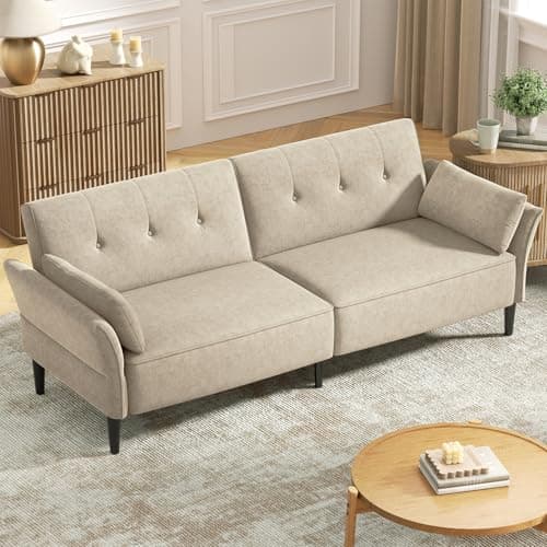 89" Velvet Fabric Comfy Futon Couch Bed with Adjustable Backrest & Armrests for Living Room Sleepers