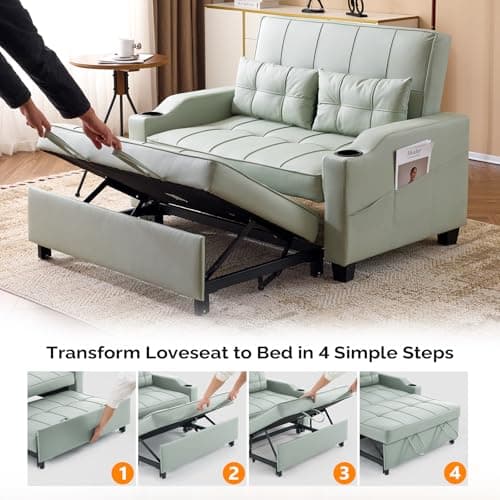 VINGLI Light Green Futon Loveseat with USB Ports & Cup Holders