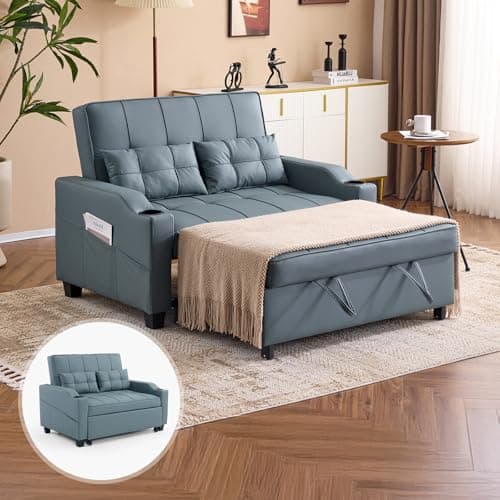 VINGLI Beige Faux Leather Pullout Sofa Bed with USB Ports