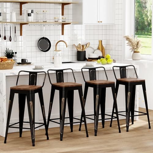 WENTMENT Black Metal Bar Stools Set of 4 Counter Height Kitchen Bar Stools with Wooden Seat