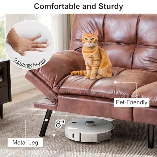 MUUEGM Cognac Memory Foam Futon Sofa Bed for Small Space and Office Use with Adjustable Backrest and Removable Armrests