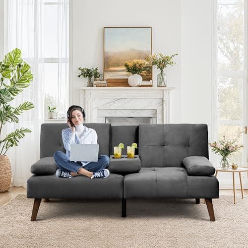 Walsunny Velvet Futon Sofa Bed with Cup Holder and Adjustable Backrest
