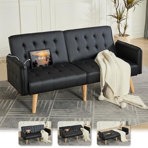 TYBOATLE Dark Grey Convertible Futon Sofa Bed with USB, Loveseat for Living Room & Bedroom