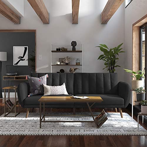 Novogratz Brittany 82 Inch Faux Leather Futon Sofa Bed, Dark Gray, Mid-Century Modern