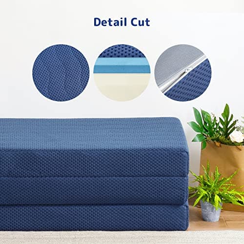 Olee Sleep 4" Gel Tri-Fold Foam Mattress Topper, CertiPUR-US Certified, Blue, Single Size