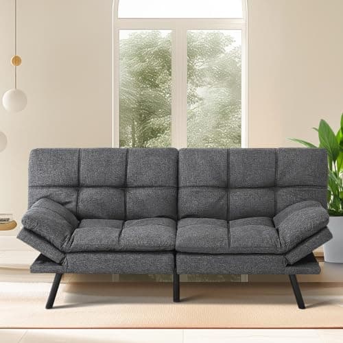 Memory Foam Futon Sofa Bed, Convertible Couch for Compact Spaces, Office and Apartment, Black Faux Leather
