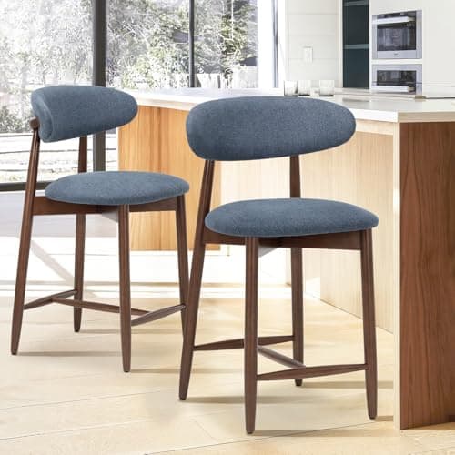 COLAMY Mid Century Modern Blue Wooden Bar Stools, Counter Height, 25" Padded Seat, 250 Lbs Weight Limit
