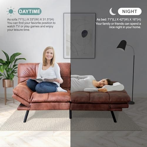 Memory Foam Futon Sofa Bed with Adjustable Backrest in Brown for Living Room