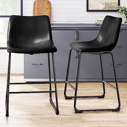 PUKAMI Black Counter Height Bar Stool Set (26") with Back & Faux Leather