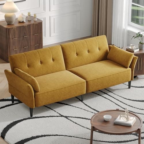 89" Velvet Fabric Comfy Futon Couch Bed with Adjustable Backrest & Armrests for Living Room Sleepers