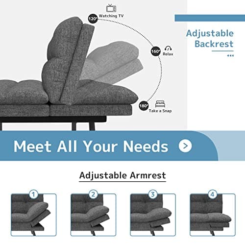 Dark Gray Memory Foam Wood-it Futon Sofa Bed with Adjustable Armrests