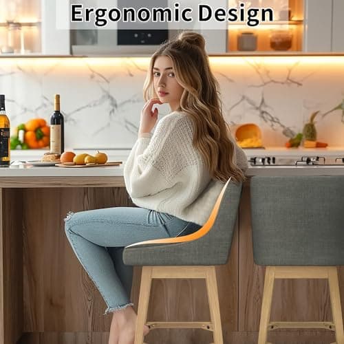 Memory Foam Upholstered Barstool Set, 26.8 Seat Height, Linen Deep Grey