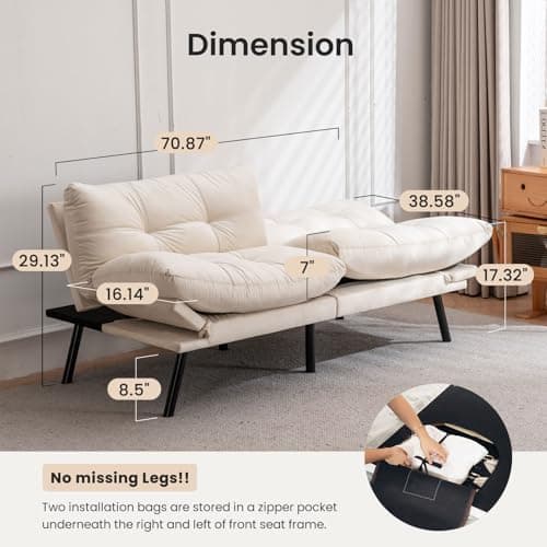 71" Comfortable Convertible Futon Sofa Bed, Velvet Cushion, Twin Size