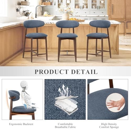 COLAMY Mid Century Modern Blue Wooden Bar Stools, Counter Height, 25" Padded Seat, 250 Lbs Weight Limit