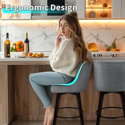 Set of 2 Swivel Counter Height Bar Stools With Back, Solid Wood Stand, Faux Leather Upholstery, Dark Grey