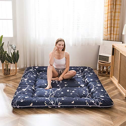 MAXYOYO Navy Floral Japanese Foldable Futon Mattress Twin Size