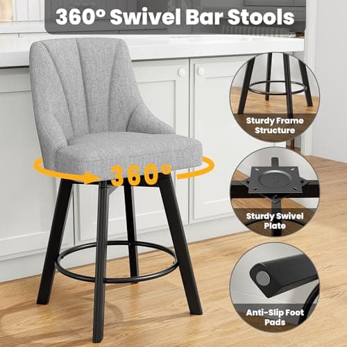 Light Gray Fabric Counter Bar Stools with Back, 24" Set of 2