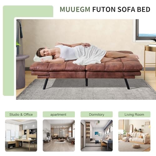MUUEGM Futon Sofa Bed with Memory Foam, Modern Faux Leather, Adjustable Backrests and Armrests, Brown