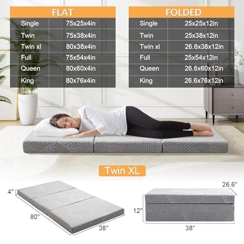 Tri Folding Memory Foam Mattress TwinXL Portable Bed for Yoga/Camping/RV/Guest Beds in Grey