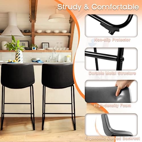 PUKAMI Black Counter Height Bar Stool Set (26") with Back & Faux Leather