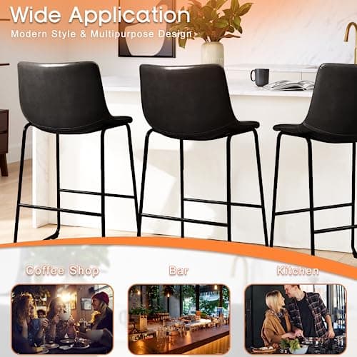 PUKAMI Black Counter Height Bar Stool Set (26") with Back & Faux Leather
