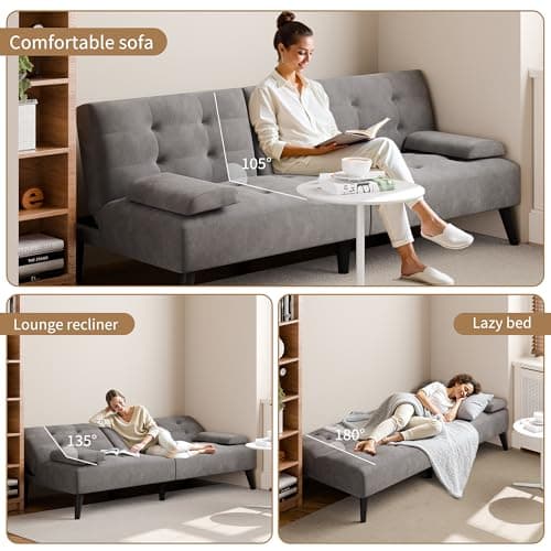 JAMFLY Dark Grey Velvet Futon Couch Bed with Cup Holder